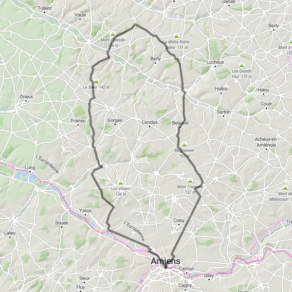 Map miniature of "Amiens Exploration Challenge" cycling inspiration in Picardie, France. Generated by Tarmacs.app cycling route planner