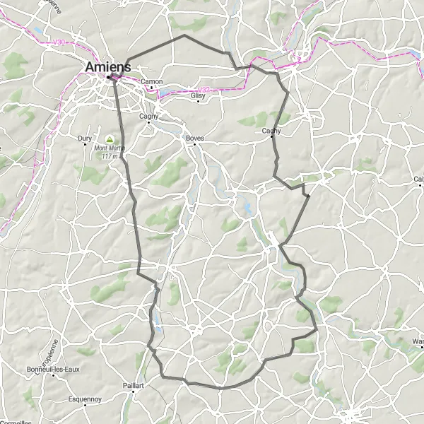 Map miniature of "Amiens - Tour Perret loop" cycling inspiration in Picardie, France. Generated by Tarmacs.app cycling route planner