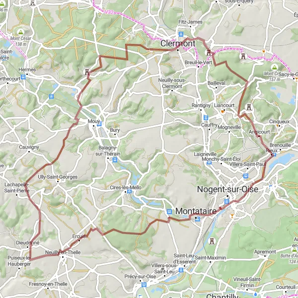 Miniature de la carte de l'inspiration cycliste "Aventures gravel à Montataire" dans la Picardie, France. Générée par le planificateur d'itinéraire cycliste Tarmacs.app