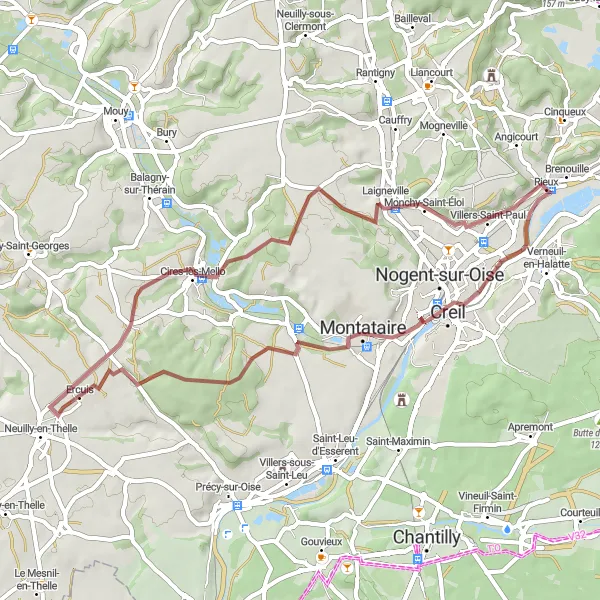 Miniature de la carte de l'inspiration cycliste "Itinéraire Gravel à Montataire" dans la Picardie, France. Générée par le planificateur d'itinéraire cycliste Tarmacs.app