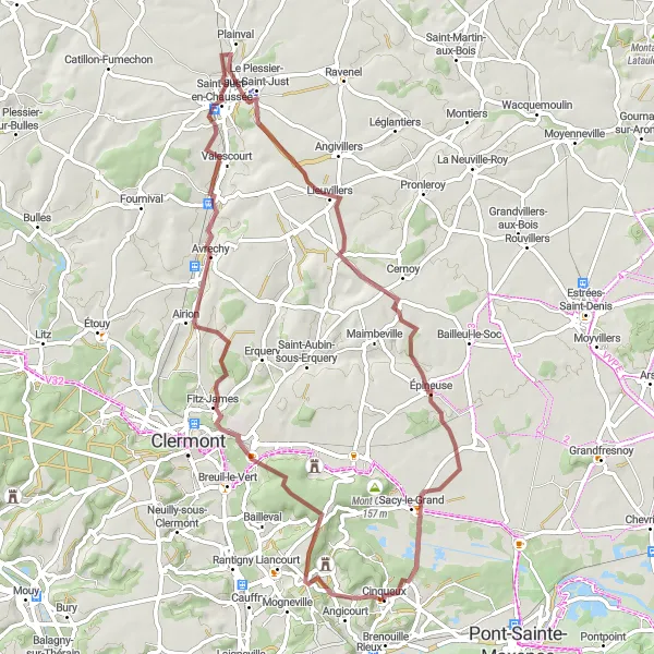 Miniature de la carte de l'inspiration cycliste "Boucle Gravel à travers Cinqueux" dans la Picardie, France. Générée par le planificateur d'itinéraire cycliste Tarmacs.app
