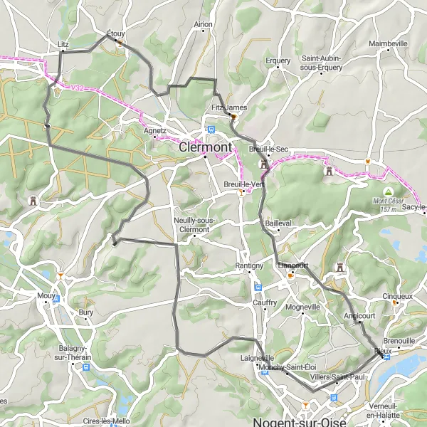 Miniature de la carte de l'inspiration cycliste "Parcours Route jusqu'à Angicourt" dans la Picardie, France. Générée par le planificateur d'itinéraire cycliste Tarmacs.app