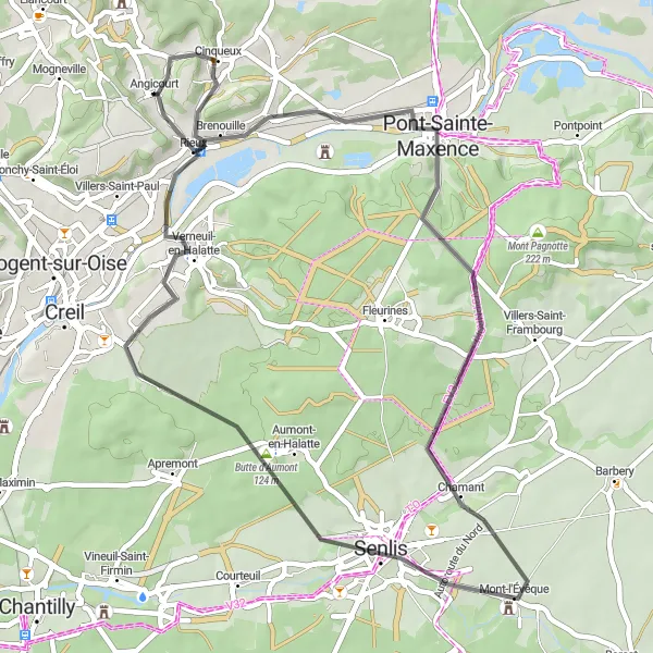 Miniature de la carte de l'inspiration cycliste "Boucle à travers Verneuil-en-Halatte" dans la Picardie, France. Générée par le planificateur d'itinéraire cycliste Tarmacs.app