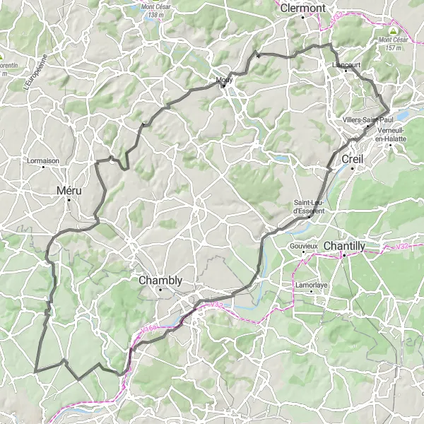 Map miniature of "Château Challenge" cycling inspiration in Picardie, France. Generated by Tarmacs.app cycling route planner