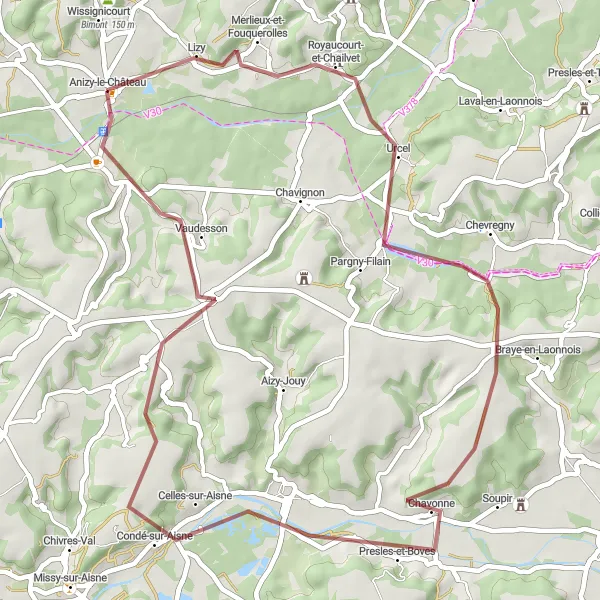 Miniature de la carte de l'inspiration cycliste "Les Chemins de l'Aisne en Gravel" dans la Picardie, France. Générée par le planificateur d'itinéraire cycliste Tarmacs.app