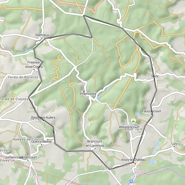 Map miniature of "Historical Road Trip" cycling inspiration in Picardie, France. Generated by Tarmacs.app cycling route planner