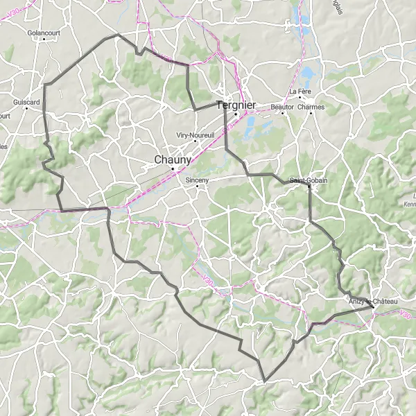 Miniature de la carte de l'inspiration cycliste "La Boucle des Vallées en Road" dans la Picardie, France. Générée par le planificateur d'itinéraire cycliste Tarmacs.app