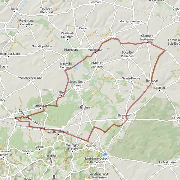 Map miniature of "Scenic gravel route from Athies-sous-Laon to Coucy-lès-Eppes" cycling inspiration in Picardie, France. Generated by Tarmacs.app cycling route planner