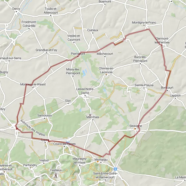 Miniature de la carte de l'inspiration cycliste "La boucle des villages du Laonnois" dans la Picardie, France. Générée par le planificateur d'itinéraire cycliste Tarmacs.app
