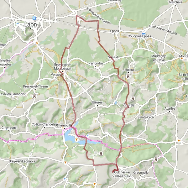 Map miniature of "Gravel route from Athies-sous-Laon to Veslud" cycling inspiration in Picardie, France. Generated by Tarmacs.app cycling route planner