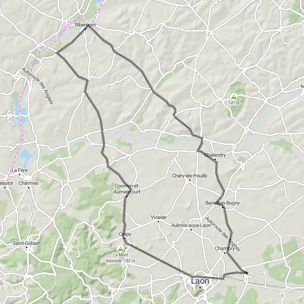 Miniature de la carte de l'inspiration cycliste "La route des artisans du Laonnois" dans la Picardie, France. Générée par le planificateur d'itinéraire cycliste Tarmacs.app
