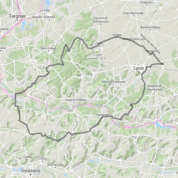 Miniature de la carte de l'inspiration cycliste "La boucle du Mont Kennedy" dans la Picardie, France. Générée par le planificateur d'itinéraire cycliste Tarmacs.app