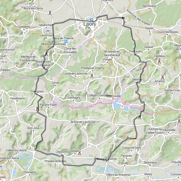 Miniature de la carte de l'inspiration cycliste "Les paysages spectaculaires de Laon" dans la Picardie, France. Générée par le planificateur d'itinéraire cycliste Tarmacs.app