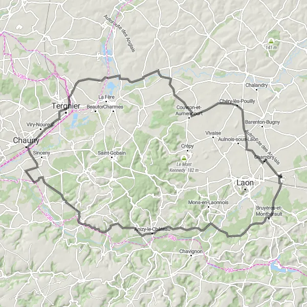 Map miniature of "Road cycling adventure from Athies-sous-Laon to Chambry" cycling inspiration in Picardie, France. Generated by Tarmacs.app cycling route planner