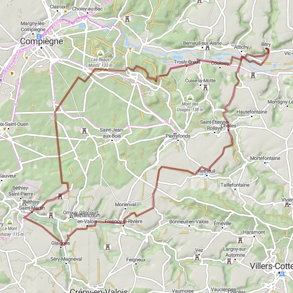 Miniature de la carte de l'inspiration cycliste "Circuit unique de Croutoy à Jaulzy" dans la Picardie, France. Générée par le planificateur d'itinéraire cycliste Tarmacs.app