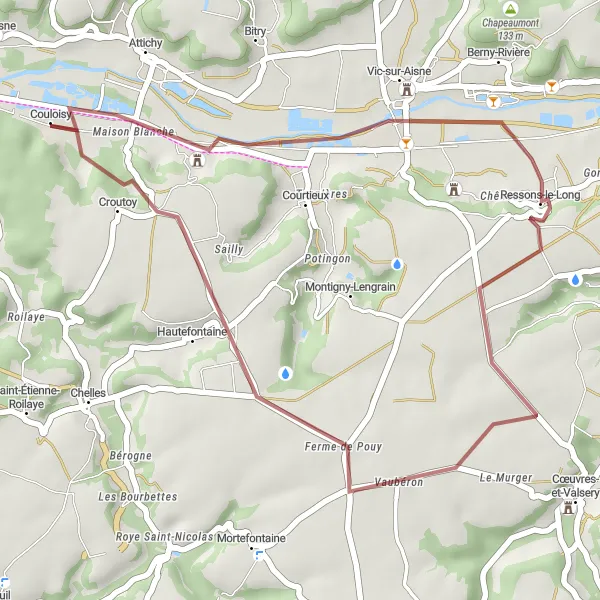 Miniature de la carte de l'inspiration cycliste "Parcours gravel de Jaulzy à Ressons-le-Long" dans la Picardie, France. Générée par le planificateur d'itinéraire cycliste Tarmacs.app