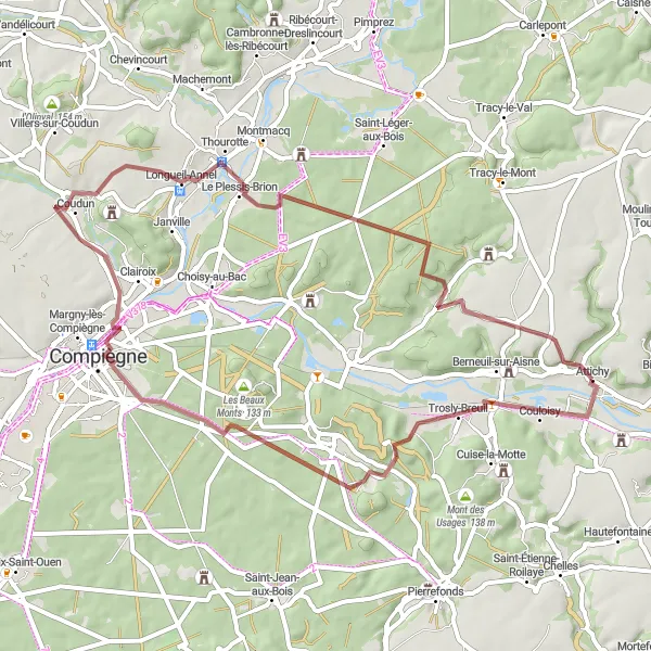 Miniature de la carte de l'inspiration cycliste "Circuit gravel de Trosly-Breuil à Attichy" dans la Picardie, France. Générée par le planificateur d'itinéraire cycliste Tarmacs.app