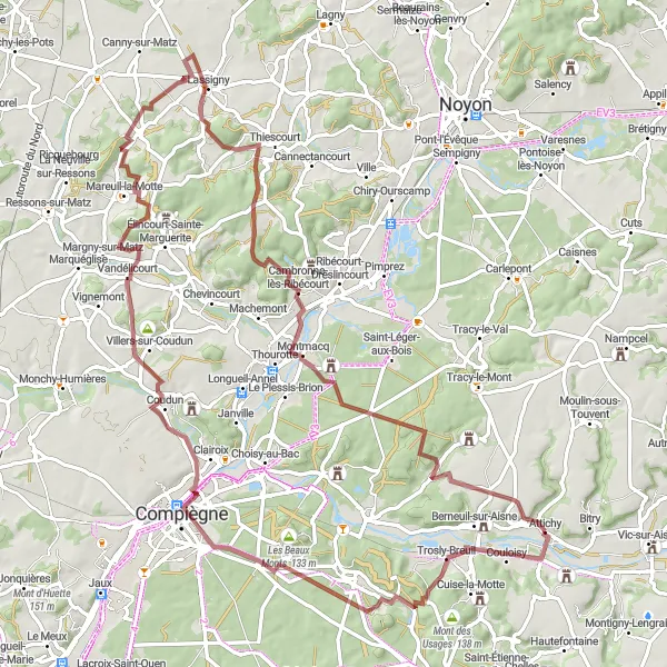 Map miniature of "Gravel Route from Attichy to Couloisy" cycling inspiration in Picardie, France. Generated by Tarmacs.app cycling route planner