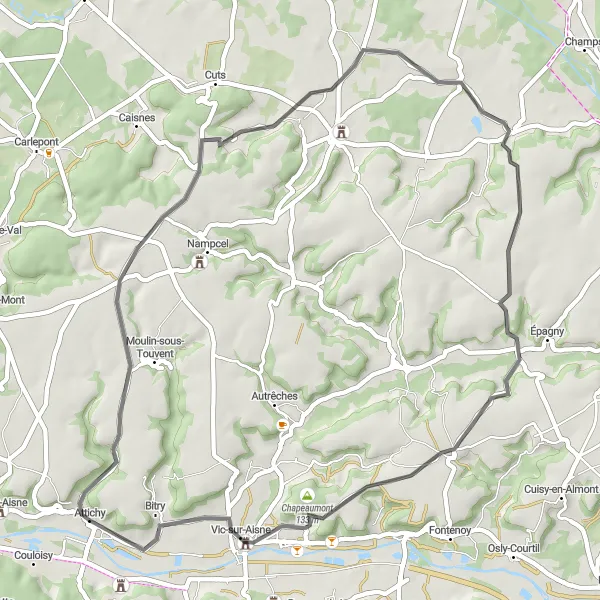 Miniature de la carte de l'inspiration cycliste "Boucle pittoresque de la vallée de l'Aisne" dans la Picardie, France. Générée par le planificateur d'itinéraire cycliste Tarmacs.app