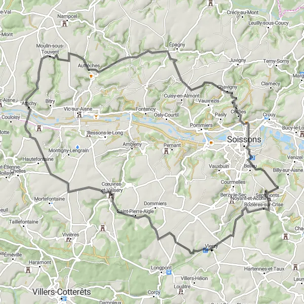 Map miniature of "Road Route from Attichy to Croutoy" cycling inspiration in Picardie, France. Generated by Tarmacs.app cycling route planner