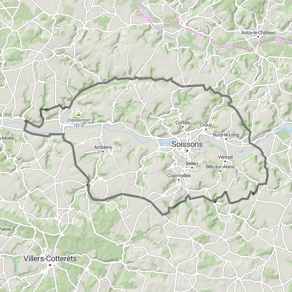 Miniature de la carte de l'inspiration cycliste "Les Vallées de l'Aisne" dans la Picardie, France. Générée par le planificateur d'itinéraire cycliste Tarmacs.app