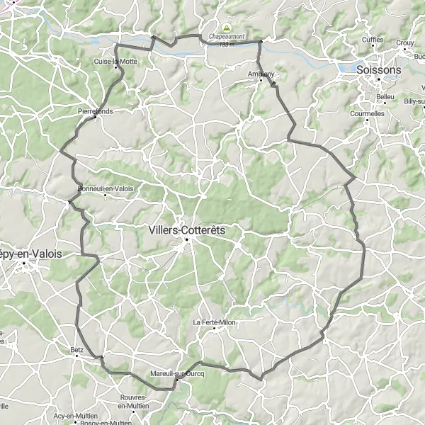 Miniature de la carte de l'inspiration cycliste "Les Charmes de l'Aisne" dans la Picardie, France. Générée par le planificateur d'itinéraire cycliste Tarmacs.app