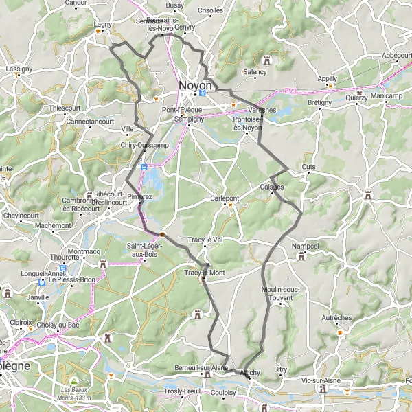Miniature de la carte de l'inspiration cycliste "Parcours routier entre Attichy et Touvent" dans la Picardie, France. Générée par le planificateur d'itinéraire cycliste Tarmacs.app