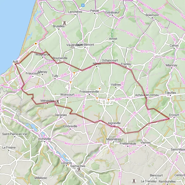 Miniature de la carte de l'inspiration cycliste "Parcours Rural autour de Ault" dans la Picardie, France. Générée par le planificateur d'itinéraire cycliste Tarmacs.app