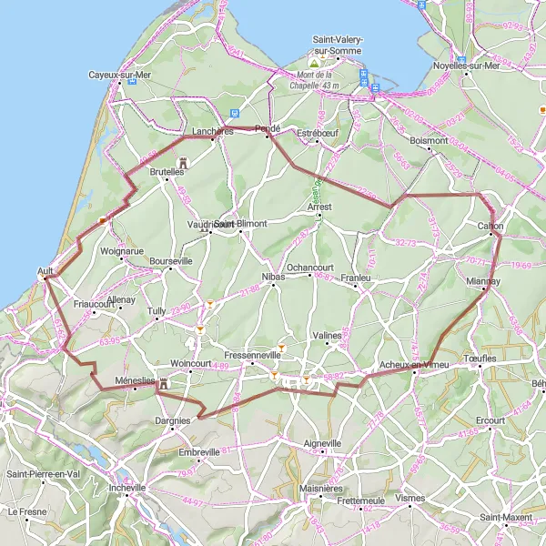 Map miniature of "Gravel Explore: Ault to Yzengremer" cycling inspiration in Picardie, France. Generated by Tarmacs.app cycling route planner