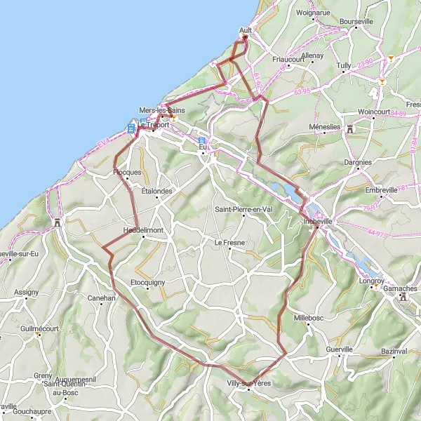 Map miniature of "Scenic Gravel Ride: Ault to Le Tréport" cycling inspiration in Picardie, France. Generated by Tarmacs.app cycling route planner