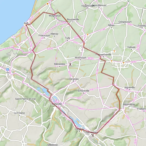Miniature de la carte de l'inspiration cycliste "La Boucle des Calvaires" dans la Picardie, France. Générée par le planificateur d'itinéraire cycliste Tarmacs.app