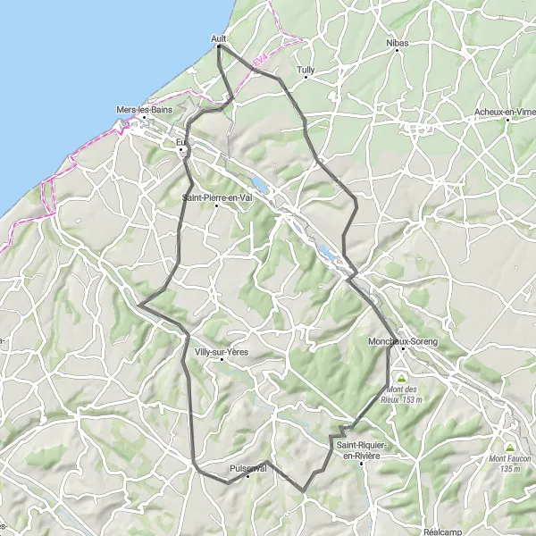 Map miniature of "Ault Loop via Dargnies and Mont des Rieux" cycling inspiration in Picardie, France. Generated by Tarmacs.app cycling route planner