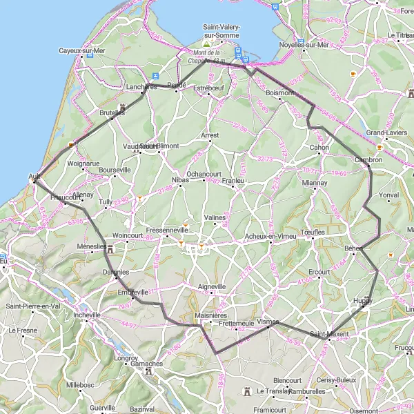Miniature de la carte de l'inspiration cycliste "Parcours Pittoresque de 75 km autour de Ault" dans la Picardie, France. Générée par le planificateur d'itinéraire cycliste Tarmacs.app