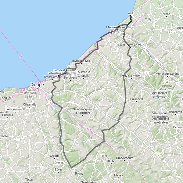 Map miniature of "Challenging Ride to Saint-Hellier and Mers-les-Bains" cycling inspiration in Picardie, France. Generated by Tarmacs.app cycling route planner