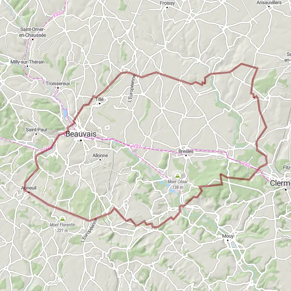 Map miniature of "Auneuil to Rainvillers via Guignecourt and Lafraye" cycling inspiration in Picardie, France. Generated by Tarmacs.app cycling route planner