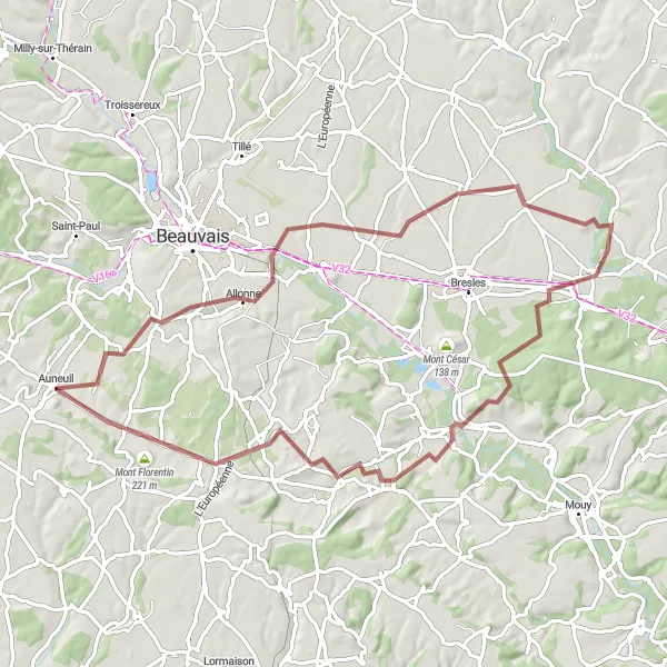 Map miniature of "Auneuil to Saint-Léger-en-Bray via Laversines and La Rue-Saint-Pierre" cycling inspiration in Picardie, France. Generated by Tarmacs.app cycling route planner