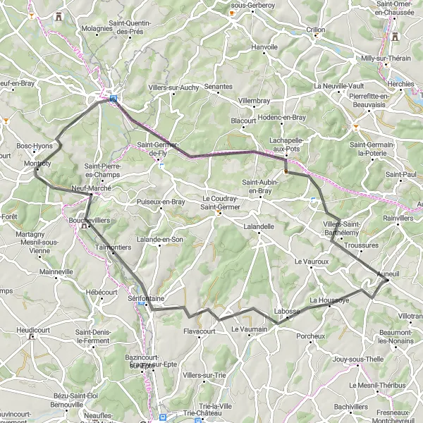 Map miniature of "The La Houssoye Road Loop" cycling inspiration in Picardie, France. Generated by Tarmacs.app cycling route planner