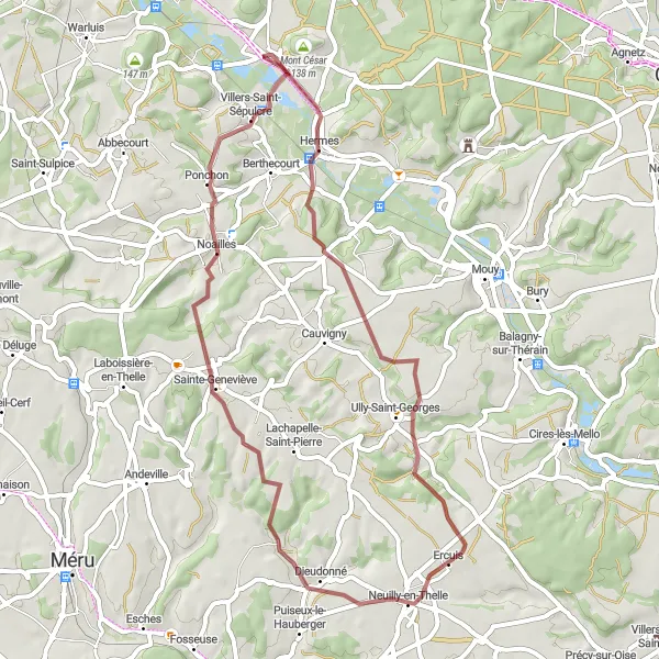 Miniature de la carte de l'inspiration cycliste "Les Chemins de Gravel des Villages de l'Oise" dans la Picardie, France. Générée par le planificateur d'itinéraire cycliste Tarmacs.app