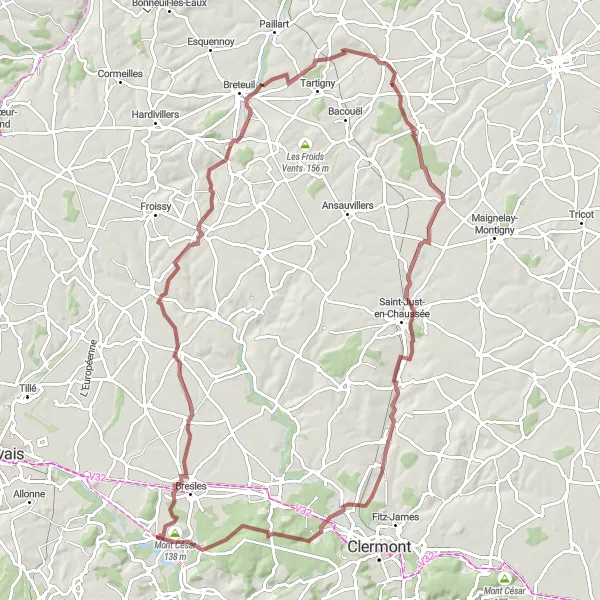 Miniature de la carte de l'inspiration cycliste "Bailleul-sur-Thérain - Mont César Gravel Route" dans la Picardie, France. Générée par le planificateur d'itinéraire cycliste Tarmacs.app