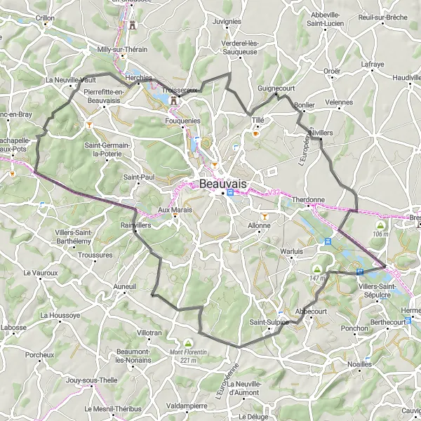 Map miniature of "Berneuil-en-Bray Loop" cycling inspiration in Picardie, France. Generated by Tarmacs.app cycling route planner