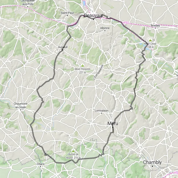 Miniature de la carte de l'inspiration cycliste "Route des Collines de l'Oise" dans la Picardie, France. Générée par le planificateur d'itinéraire cycliste Tarmacs.app