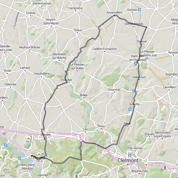 Miniature de la carte de l'inspiration cycliste "Randonnée sportive à travers les terres d'Oise" dans la Picardie, France. Générée par le planificateur d'itinéraire cycliste Tarmacs.app