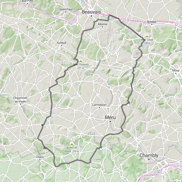 Miniature de la carte de l'inspiration cycliste "Bailleul-sur-Thérain - Mont de Bourguillemont Road Route" dans la Picardie, France. Générée par le planificateur d'itinéraire cycliste Tarmacs.app