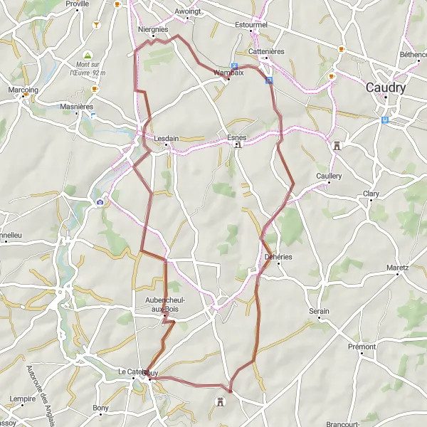 Miniature de la carte de l'inspiration cycliste "Randonnée Gravel à Aubencheul-aux-Bois" dans la Picardie, France. Générée par le planificateur d'itinéraire cycliste Tarmacs.app