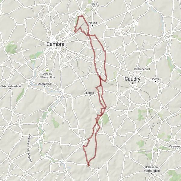 Map miniature of "Scenic Gravel Ride through Cambrésis" cycling inspiration in Picardie, France. Generated by Tarmacs.app cycling route planner