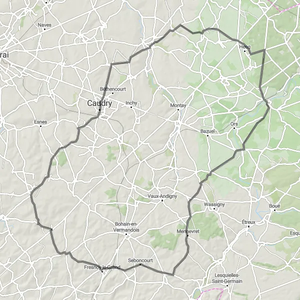 Map miniature of "Cycling the Heart of Picardie" cycling inspiration in Picardie, France. Generated by Tarmacs.app cycling route planner