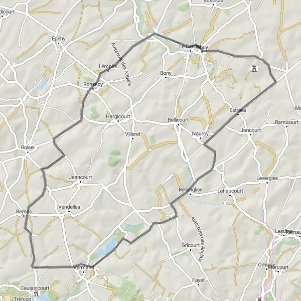 Miniature de la carte de l'inspiration cycliste "Tour du Temple de Beaurevoir" dans la Picardie, France. Générée par le planificateur d'itinéraire cycliste Tarmacs.app