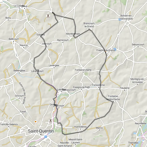 Map miniature of "Road Cycling Loop from Beaurevoir" cycling inspiration in Picardie, France. Generated by Tarmacs.app cycling route planner