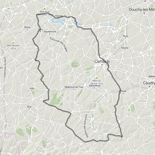 Miniature de la carte de l'inspiration cycliste "Le Tour de Cambrai" dans la Picardie, France. Générée par le planificateur d'itinéraire cycliste Tarmacs.app