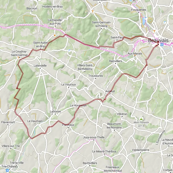 Miniature de la carte de l'inspiration cycliste "Les chemins de gravel de Picardie" dans la Picardie, France. Générée par le planificateur d'itinéraire cycliste Tarmacs.app